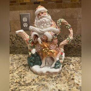 Vintage Fitz & Floyd Snowy Woods Santa Teapot 28 Oz. Deer Fawn Rabbit Christmas
